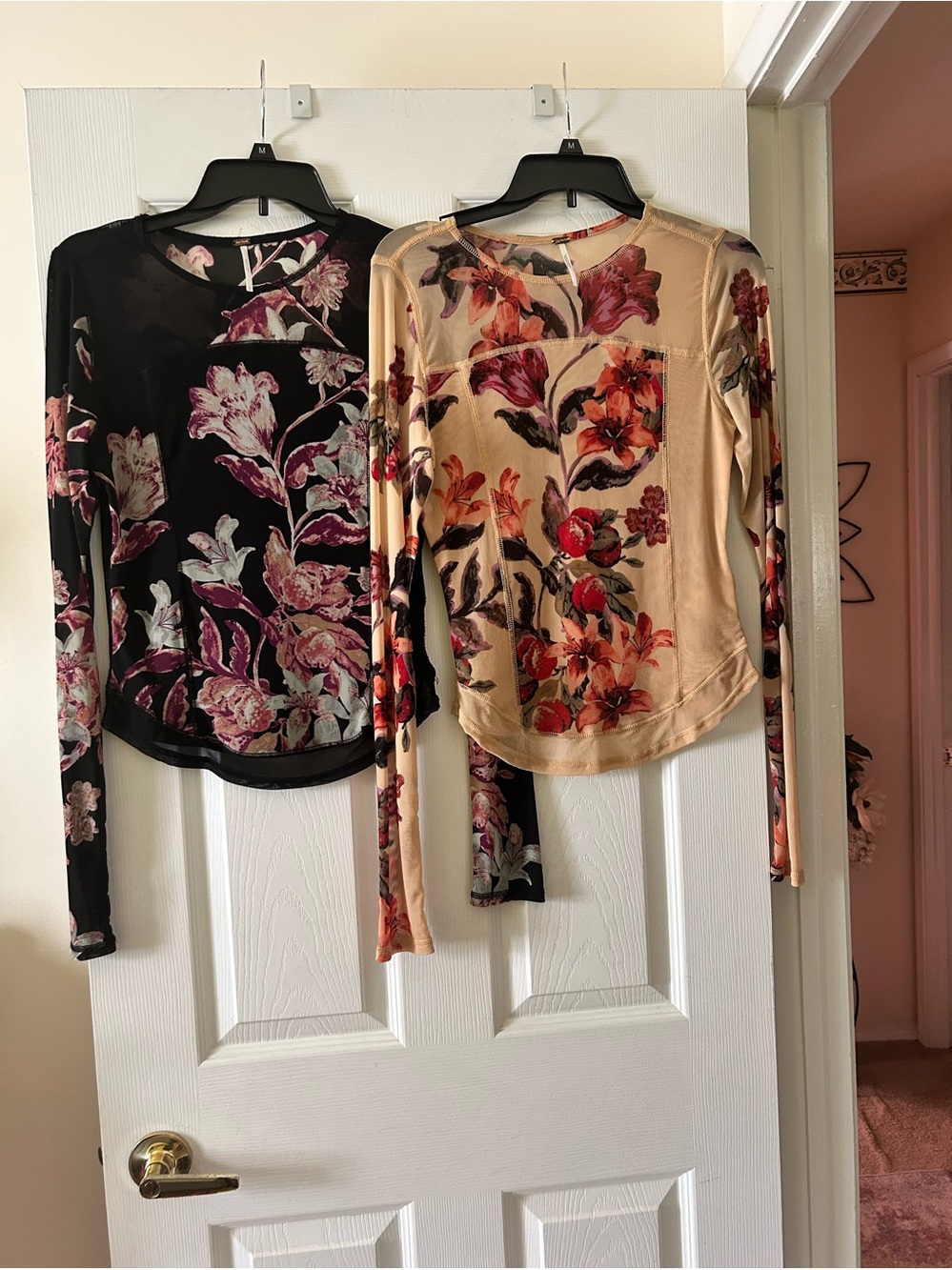 Floral Long-Sleeve Mesh Top - Black and Beige